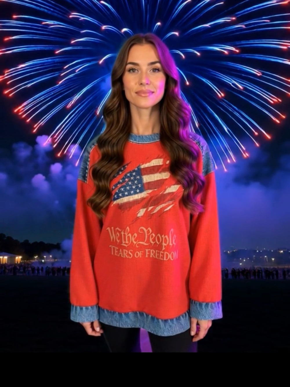 Oversized Long Sleeve 'We The People' Red Graphic Top